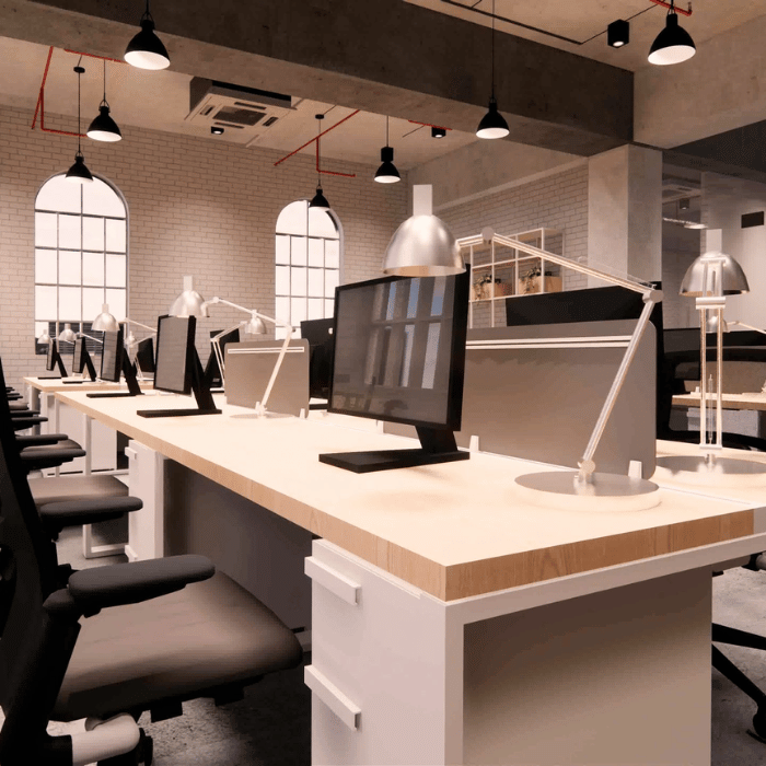 Văn phòng thiết kế theo phong cách mở nghĩa là không có sự ngăn cách thành từng khối, từng phòng giữa các phòng ban